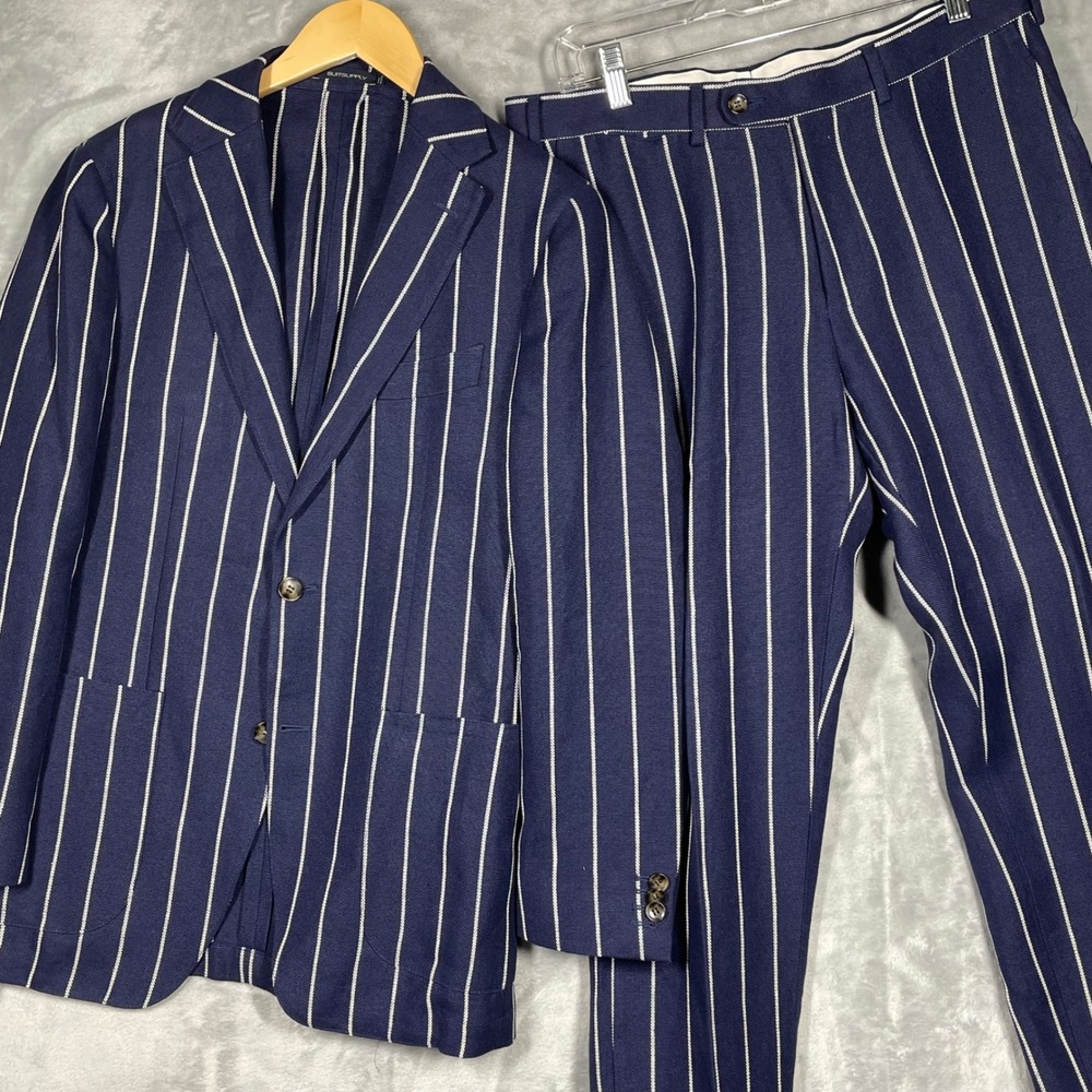 Suitsupply Havana Slim Navy White Stripe Linen Suit 38R 34x30 Angelico Italy